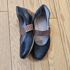 Women's Black and Brown Leather Loafers with Perforated Design